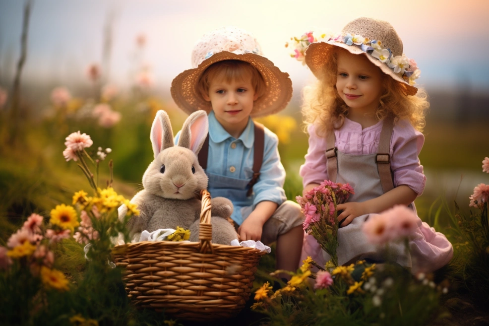 Kinder mit Osterhase und Blumen