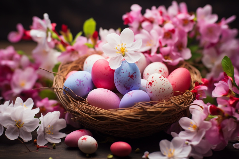 Osternest mit Eiern und Blüten
