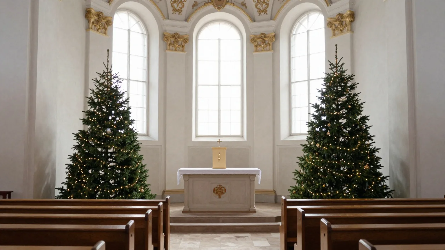 Barockkirche am Weihnachtsmorgen mit zwei geschmückten Tannen neben dem Altar, Sonnenlicht fällt durch hohe Fenster