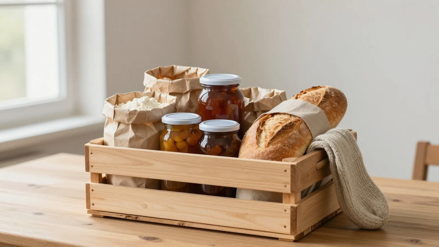 Holzkiste mit Mehl, eingemachtem Obst, Brot und Wollsocken als Spende auf einem Holztisch