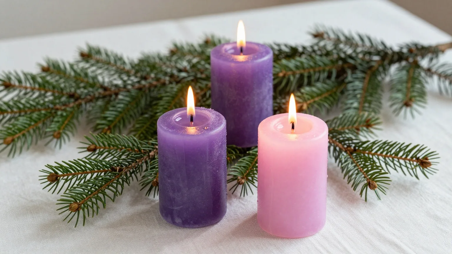 Drei brennende Kerzen, zwei violette und eine rosa, zwischen Tannenzweigen auf weißem Leinen