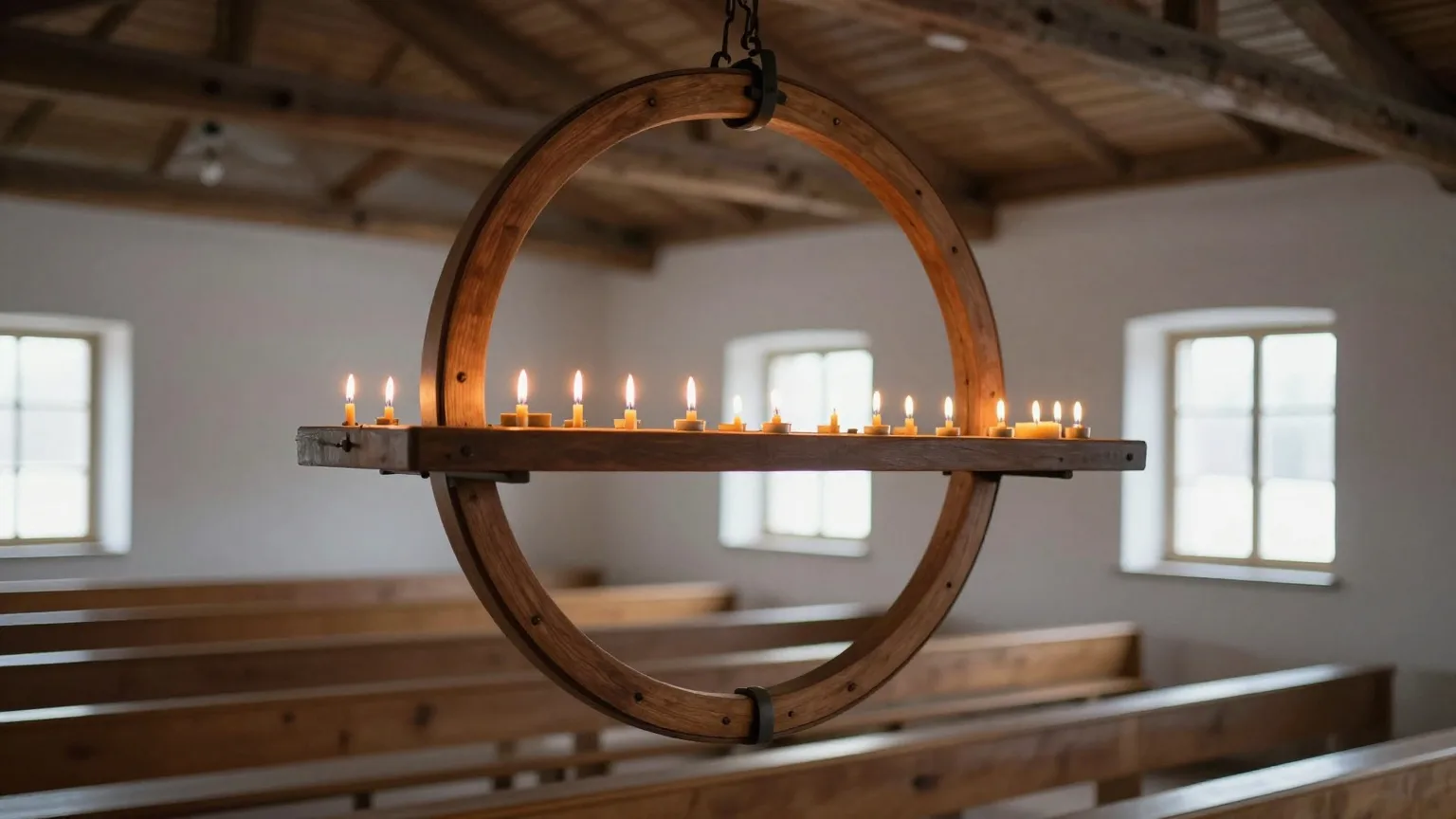 Großer hölzerner Kranz mit vielen gleich großen Kerzen unter der Holzdecke eines schlichten Saals