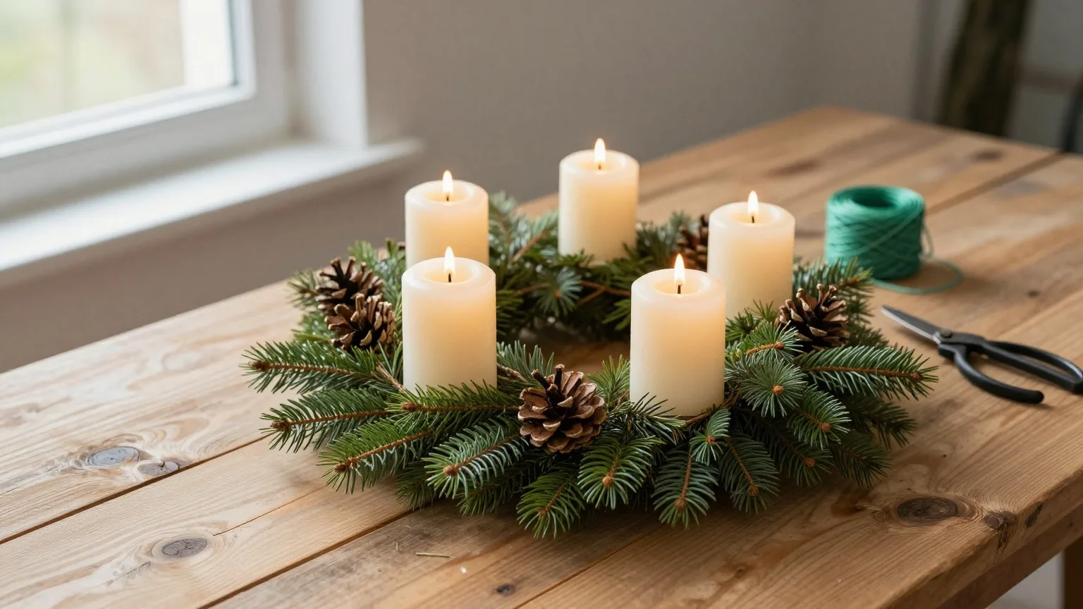 Frisch gebundener Adventskranz aus Tannengrün mit vier noch nicht angezündeten Kerzen auf einer Werkbank