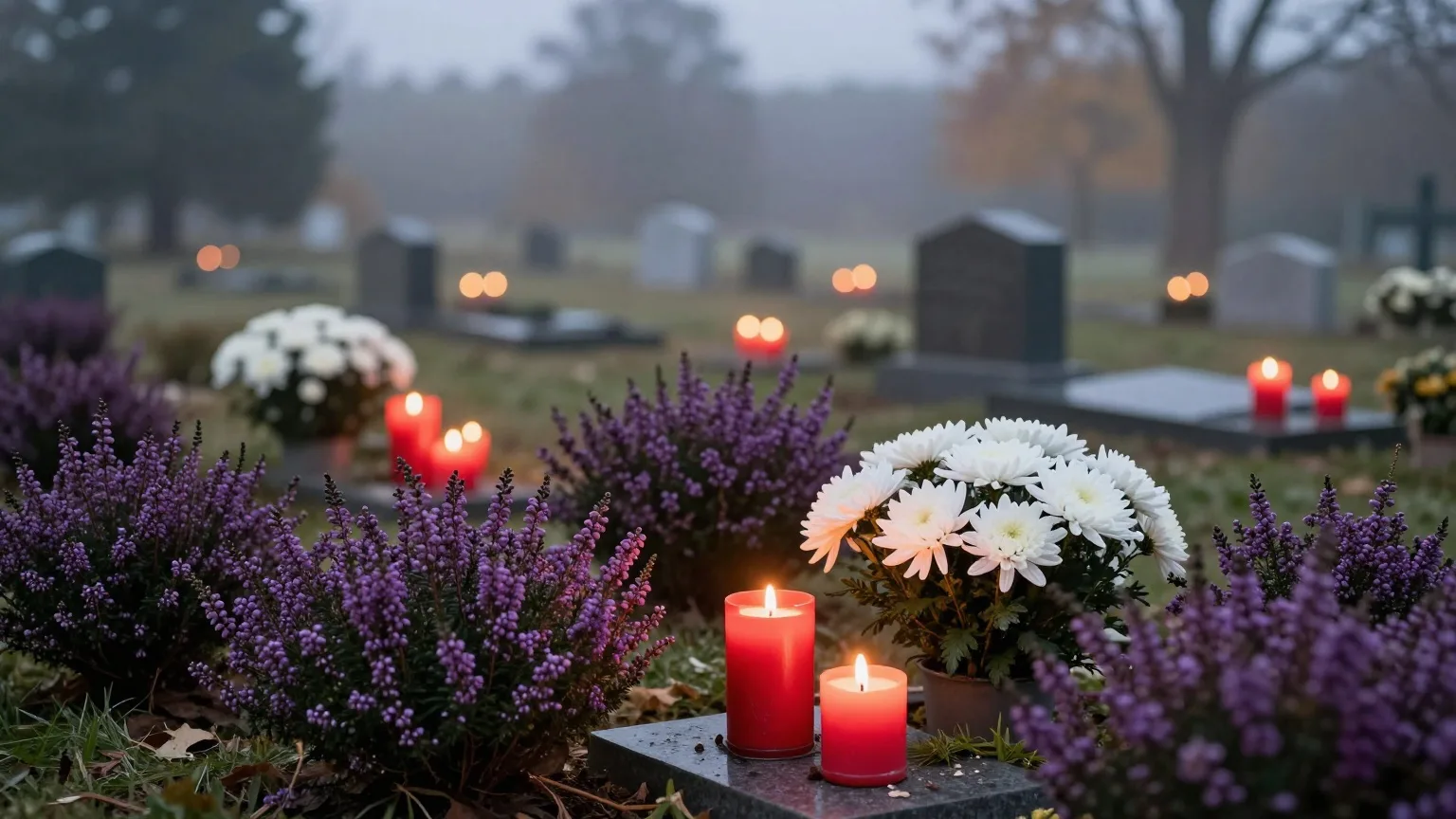 Rote Grablichter zwischen Heide und weißen Chrysanthemen auf einem Friedhof in der Dämmerung