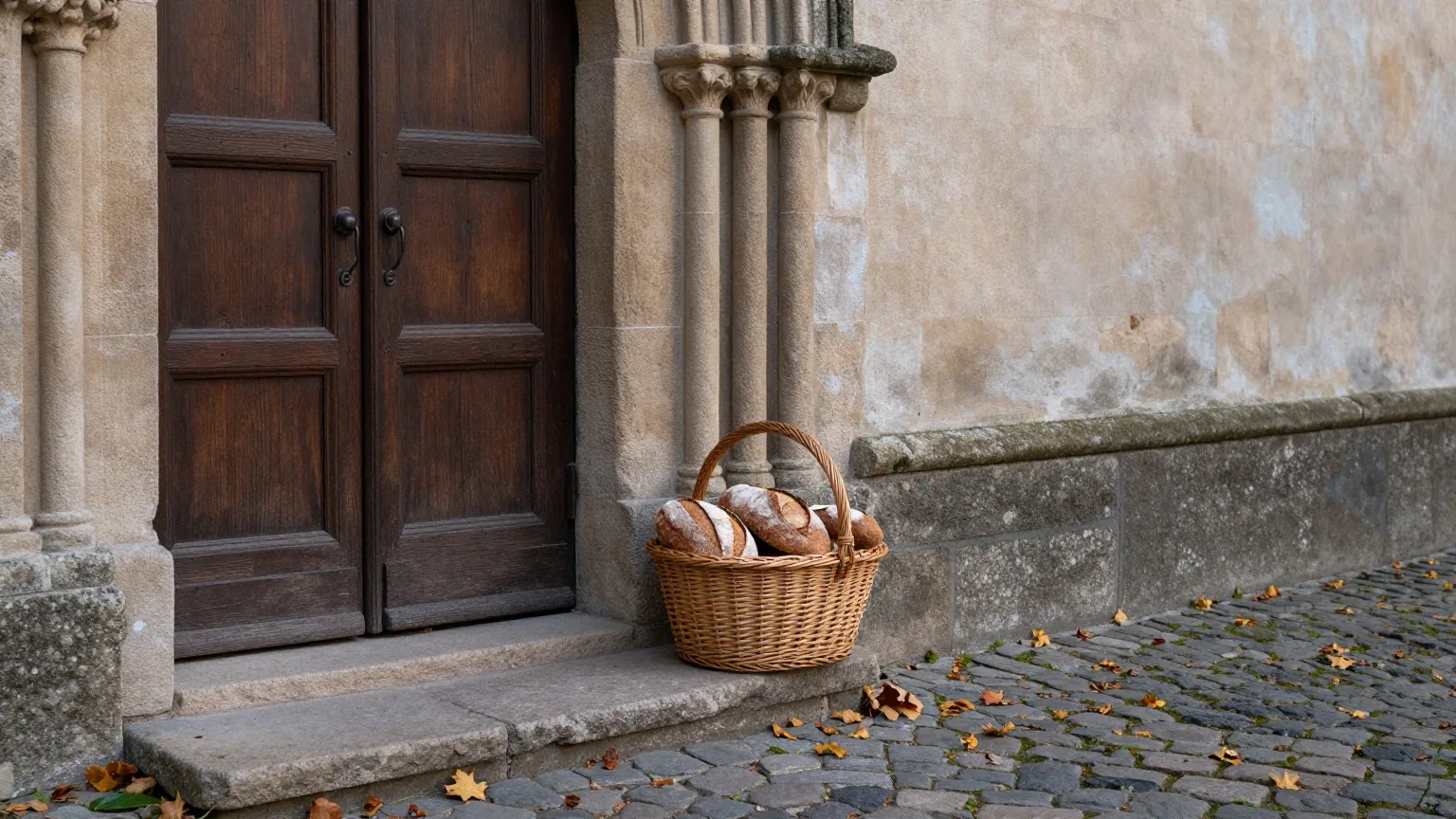 Weidenkorb mit runden Brotlaiben auf einer Steinbank vor einer romanischen Klosterpforte im Herbstlicht