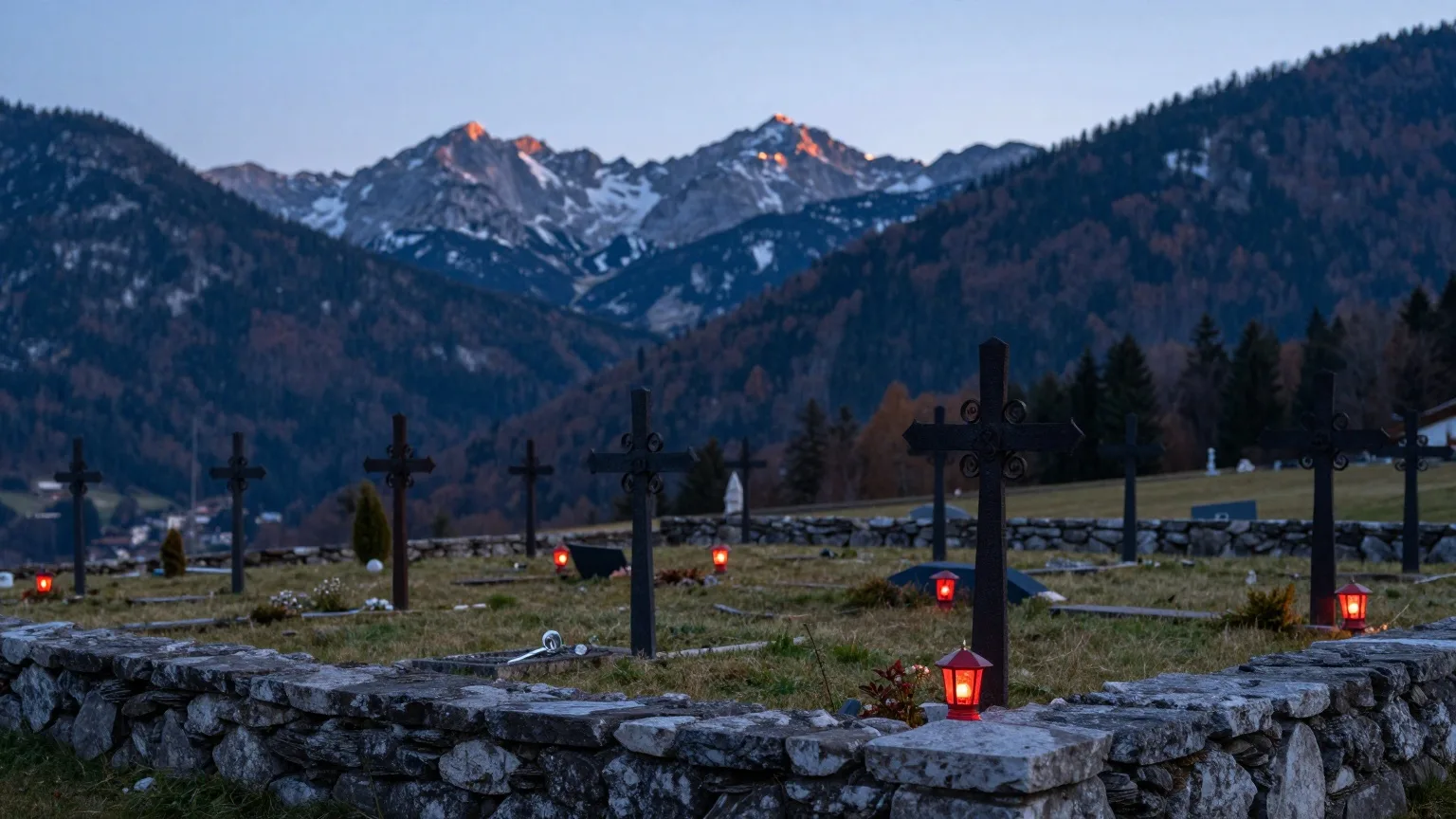 Bergfriedhof mit schmiedeeisernen Grabkreuzen, auf einigen Gräbern leuchten rote Lichter in der Abenddämmerung