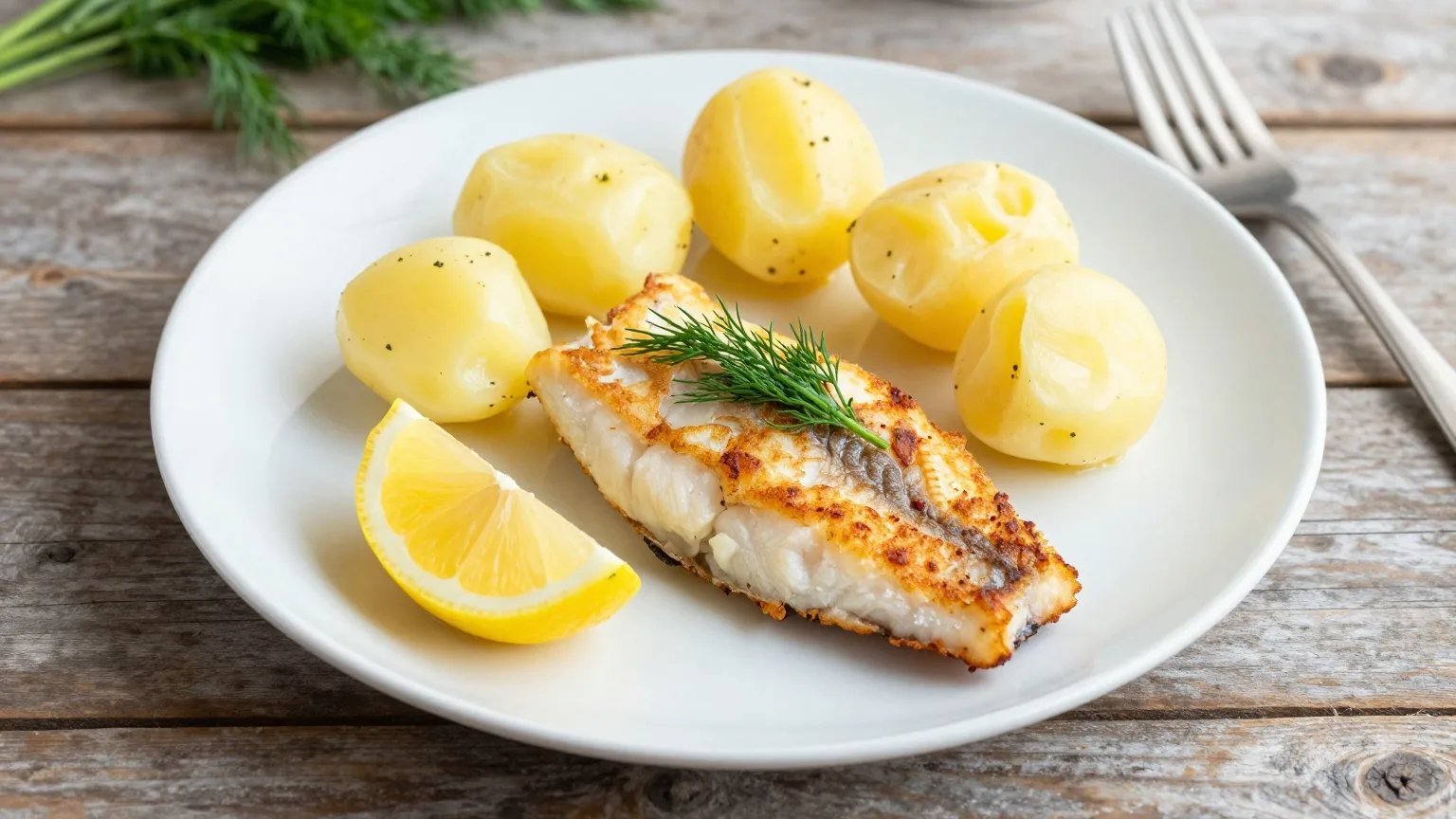 Gebratenes Fischfilet mit Pellkartoffeln und Dill auf einem schlichten Teller