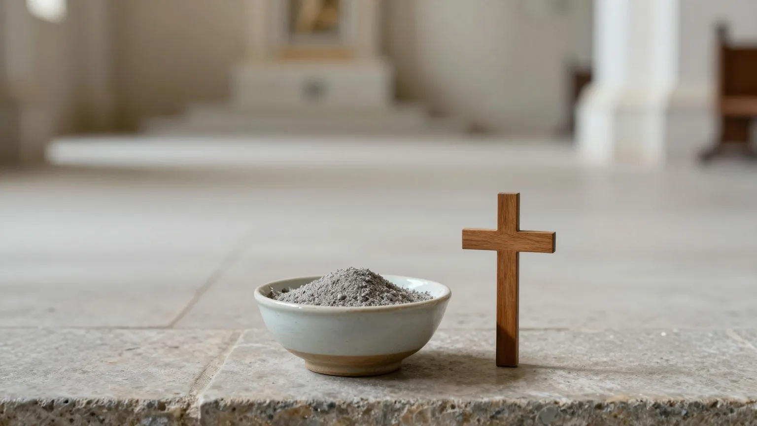 Schale mit grauer Asche neben einem schlichten Holzkreuz auf einem Steinsims