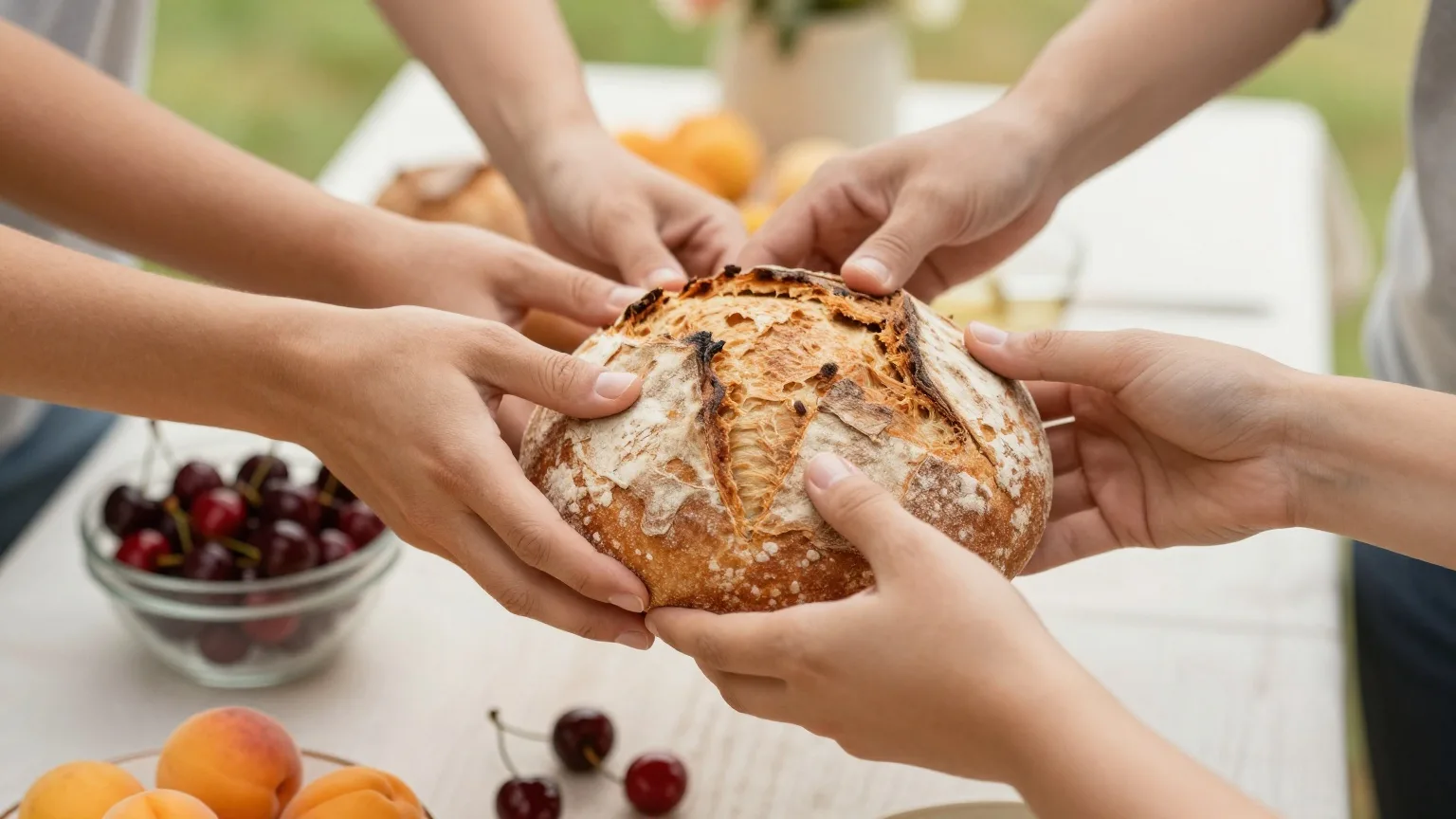 Hände teilen ein rundes Brot über einem langen Tisch im Freien