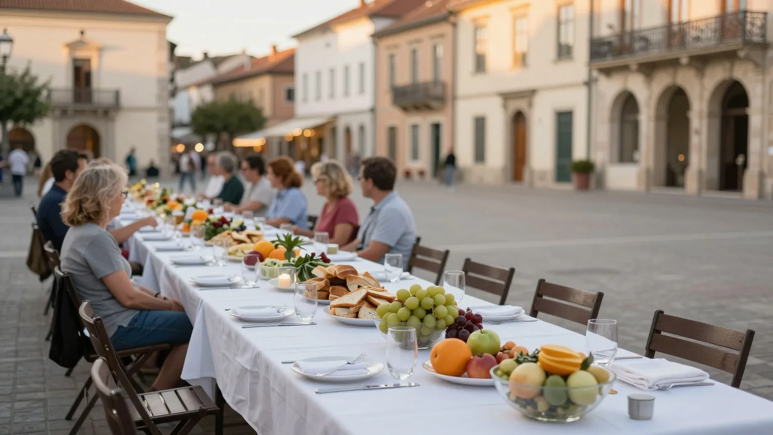 Lange, festlich gedeckte Tafel auf einem historischen Platz im Sommerabendlicht
