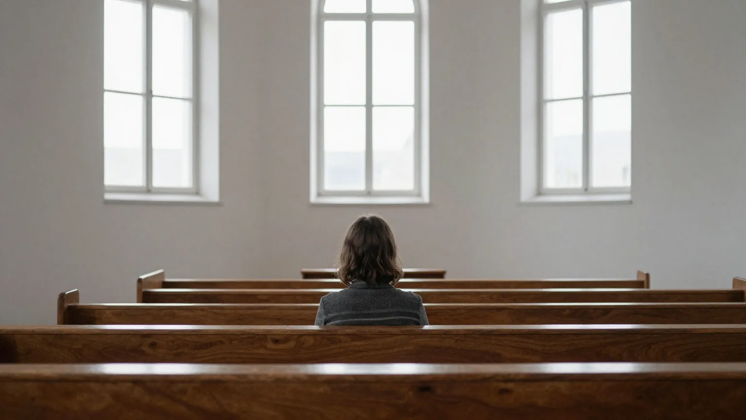 Ein Mensch sitzt von hinten gesehen allein in einer Bank einer schlichten Kirche