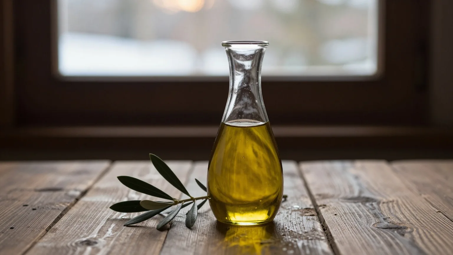 Glaskaraffe mit goldenem Olivenöl im warmen Gegenlicht auf einem Holztisch