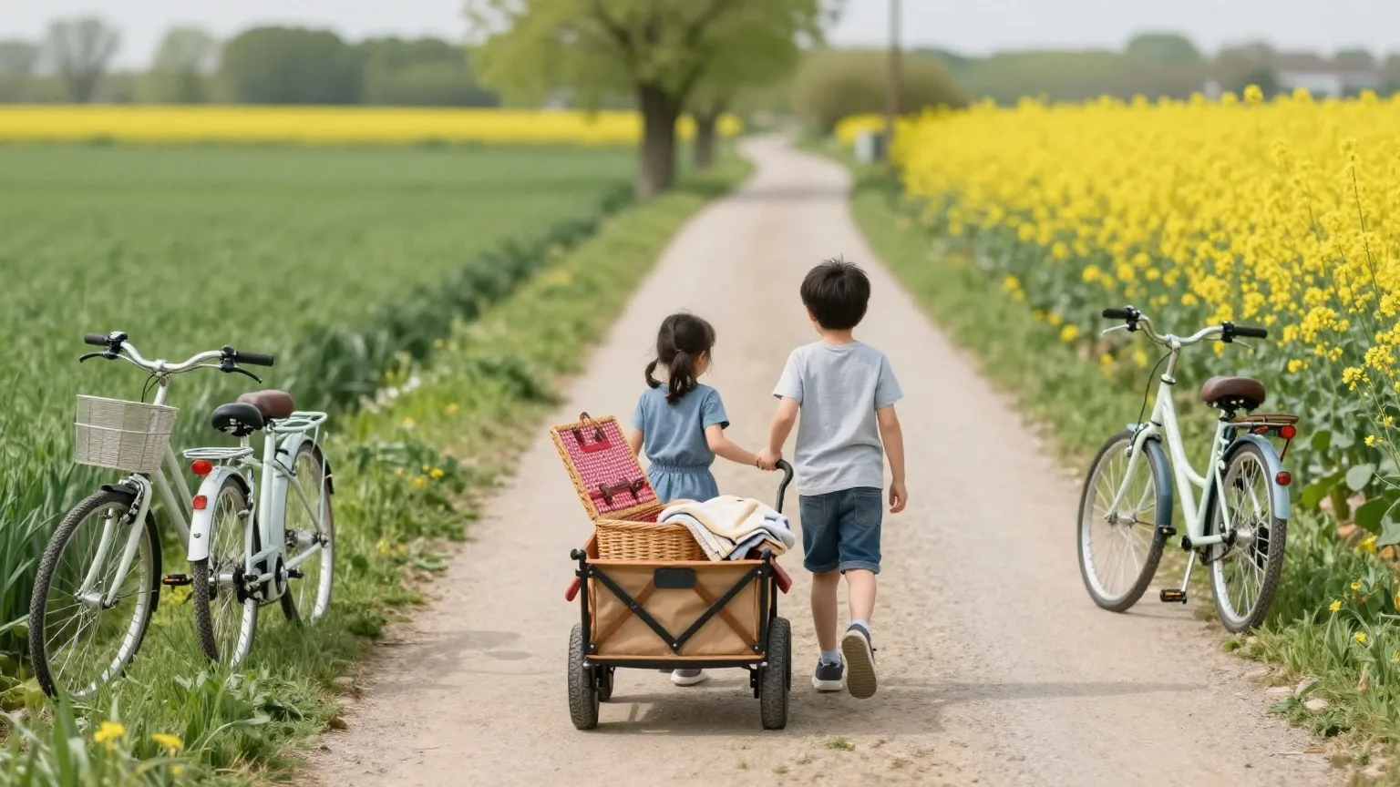Familie mit Bollerwagen von hinten auf einem Feldweg zwischen blühenden Feldern