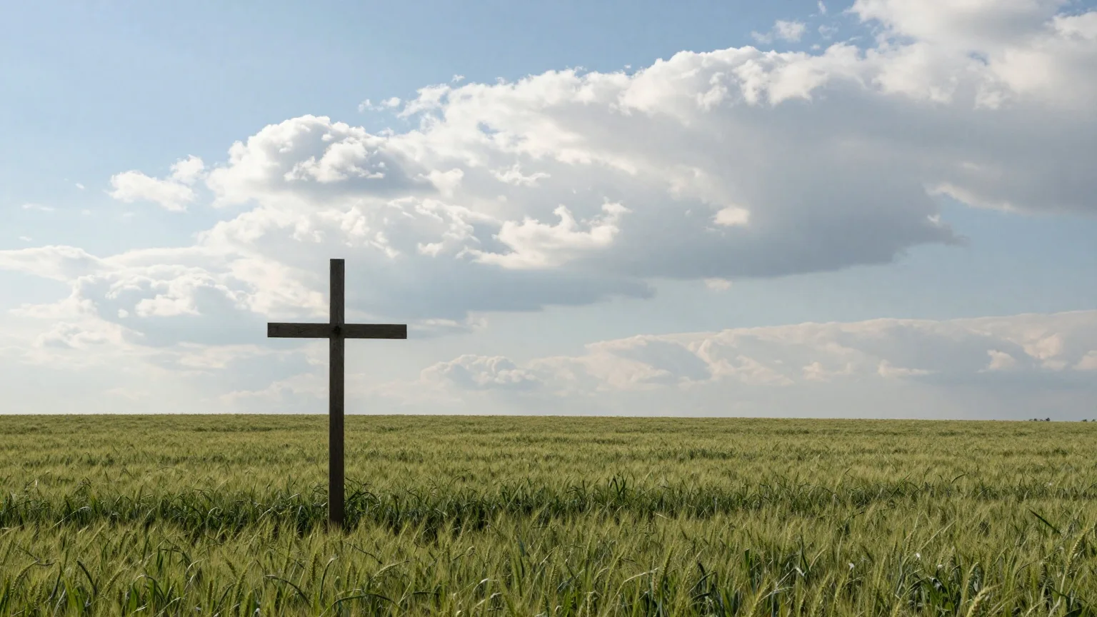Schlichtes Holzkreuz am Rand eines grünen Getreidefelds unter hohen Wolken