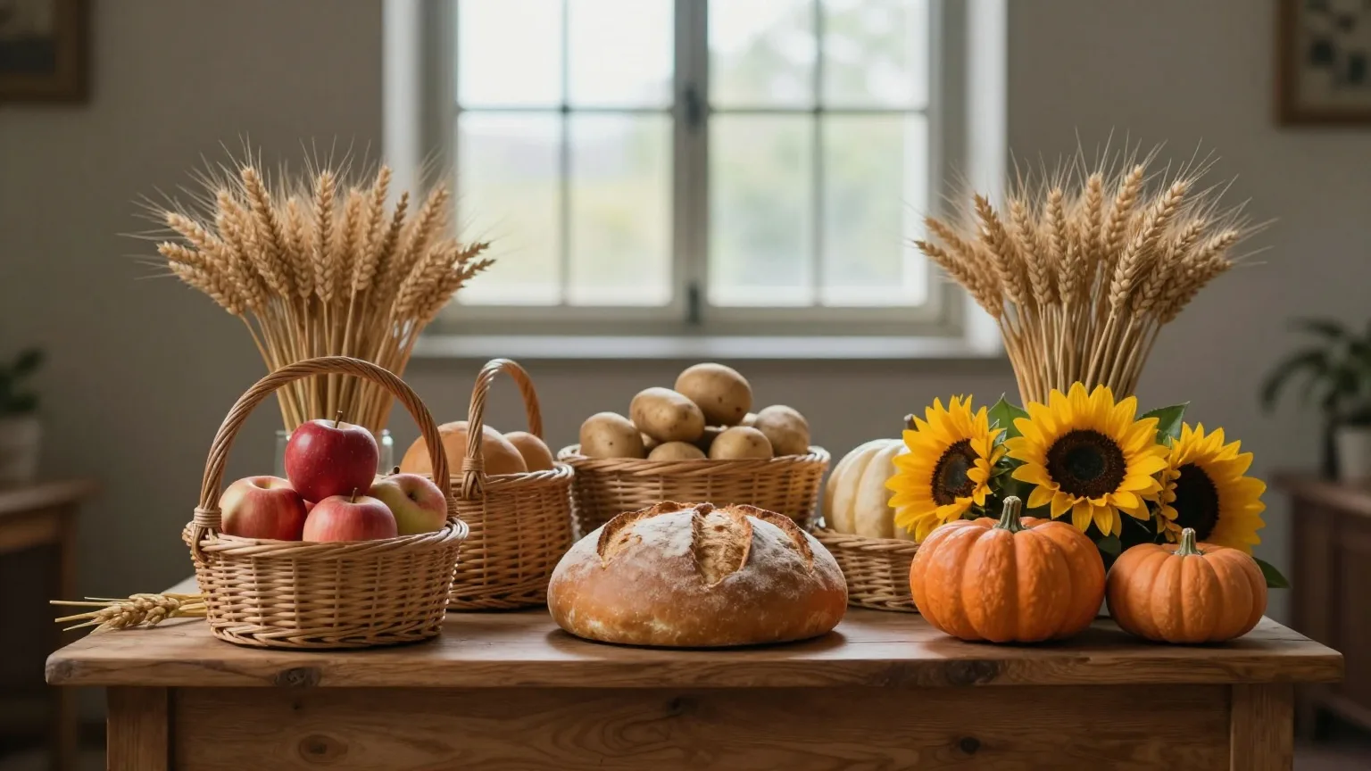Erntegaben mit Kürbissen, Äpfeln, Brot und Sonnenblumen vor einem schlichten Holzaltar