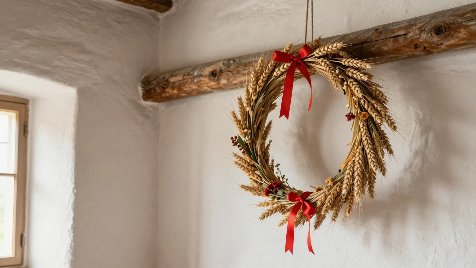 Erntekrone aus Getreideähren mit roten Bändern in einer schlichten Dorfkirche