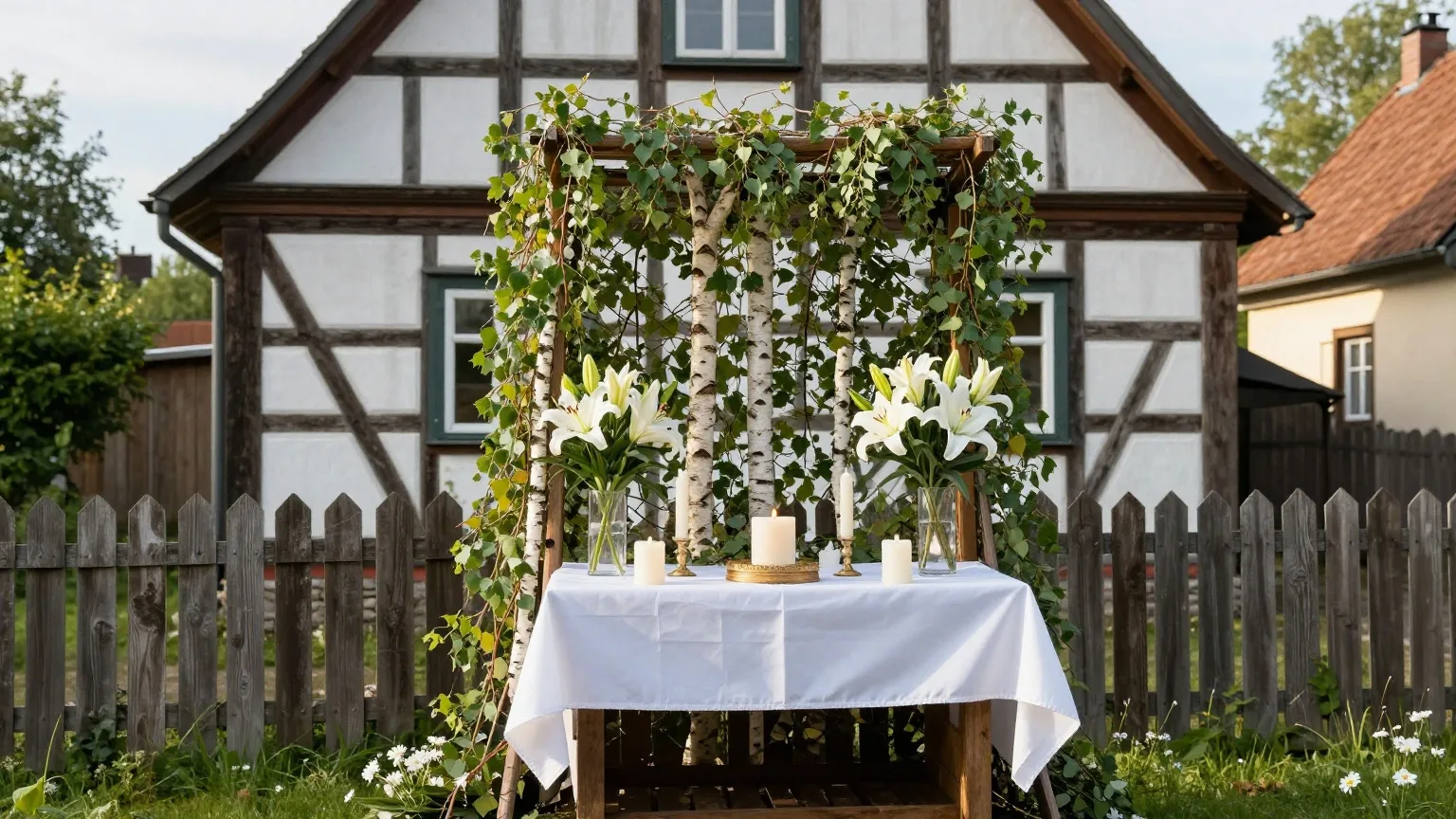 Mit Birkenzweigen, weißen Lilien und Kerzen geschmückter Altar im Freien vor einem Fachwerkhaus