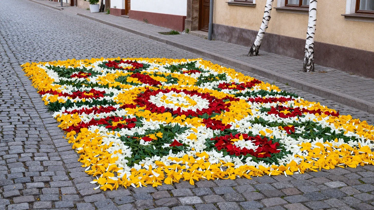 Bunter Blumenteppich aus Blütenblättern auf einer gepflasterten Dorfstraße