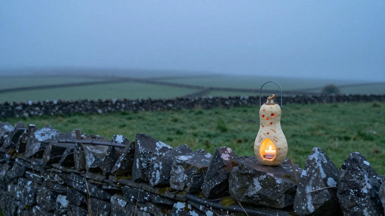 Ausgehöhlte Rübe mit Kerzenlicht auf einer Steinmauer in der Abenddämmerung