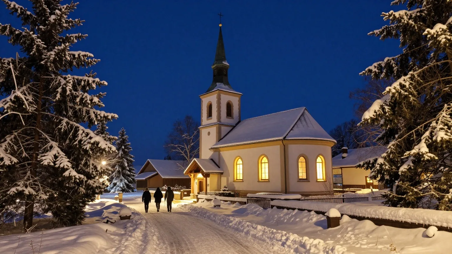 Dorfkirche im Schnee mit erleuchteten Fenstern, Menschen gehen von hinten gesehen zum Gottesdienst