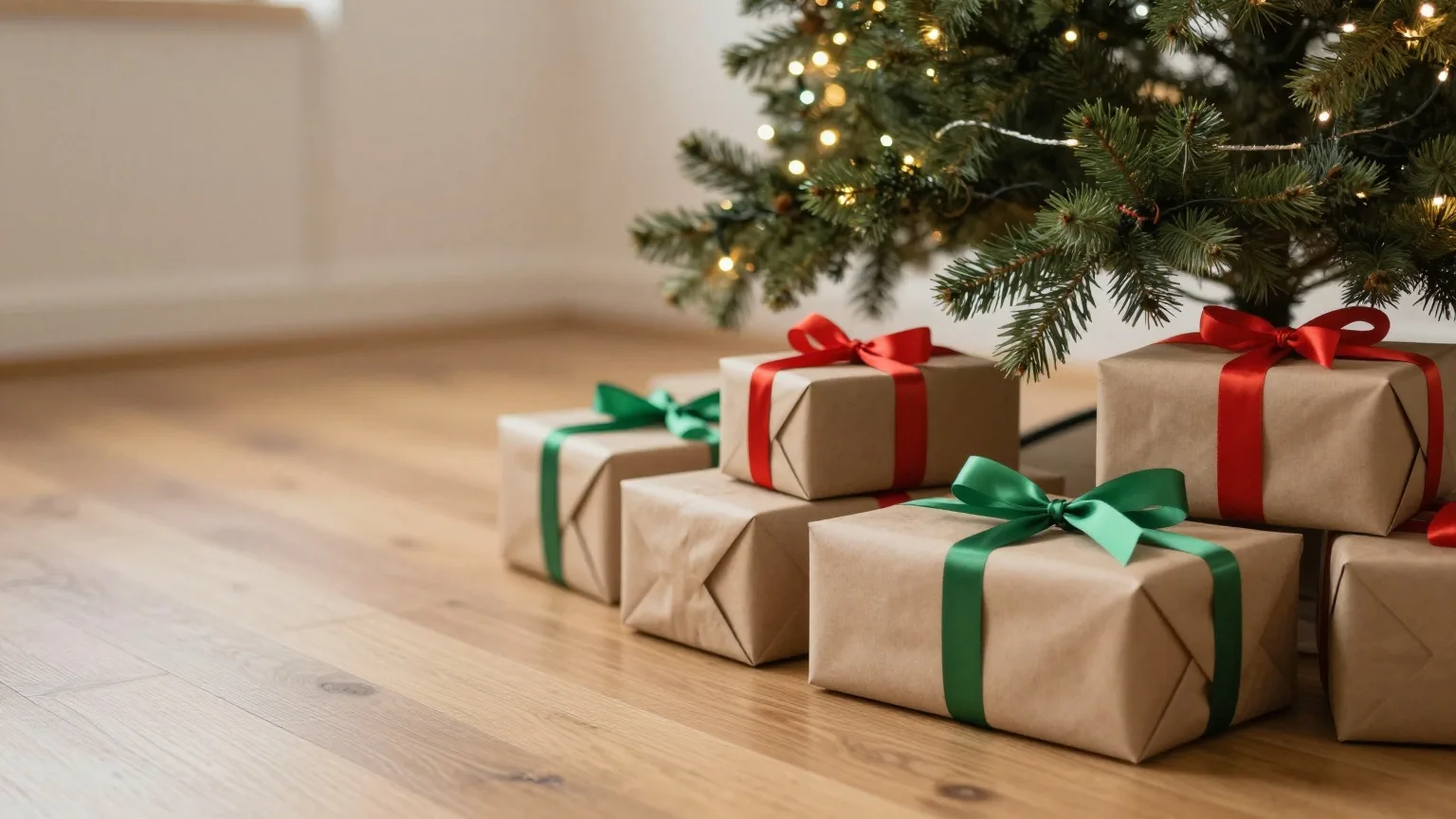 Geschenke in Packpapier mit roten Bändern unter einem beleuchteten Weihnachtsbaum am Abend