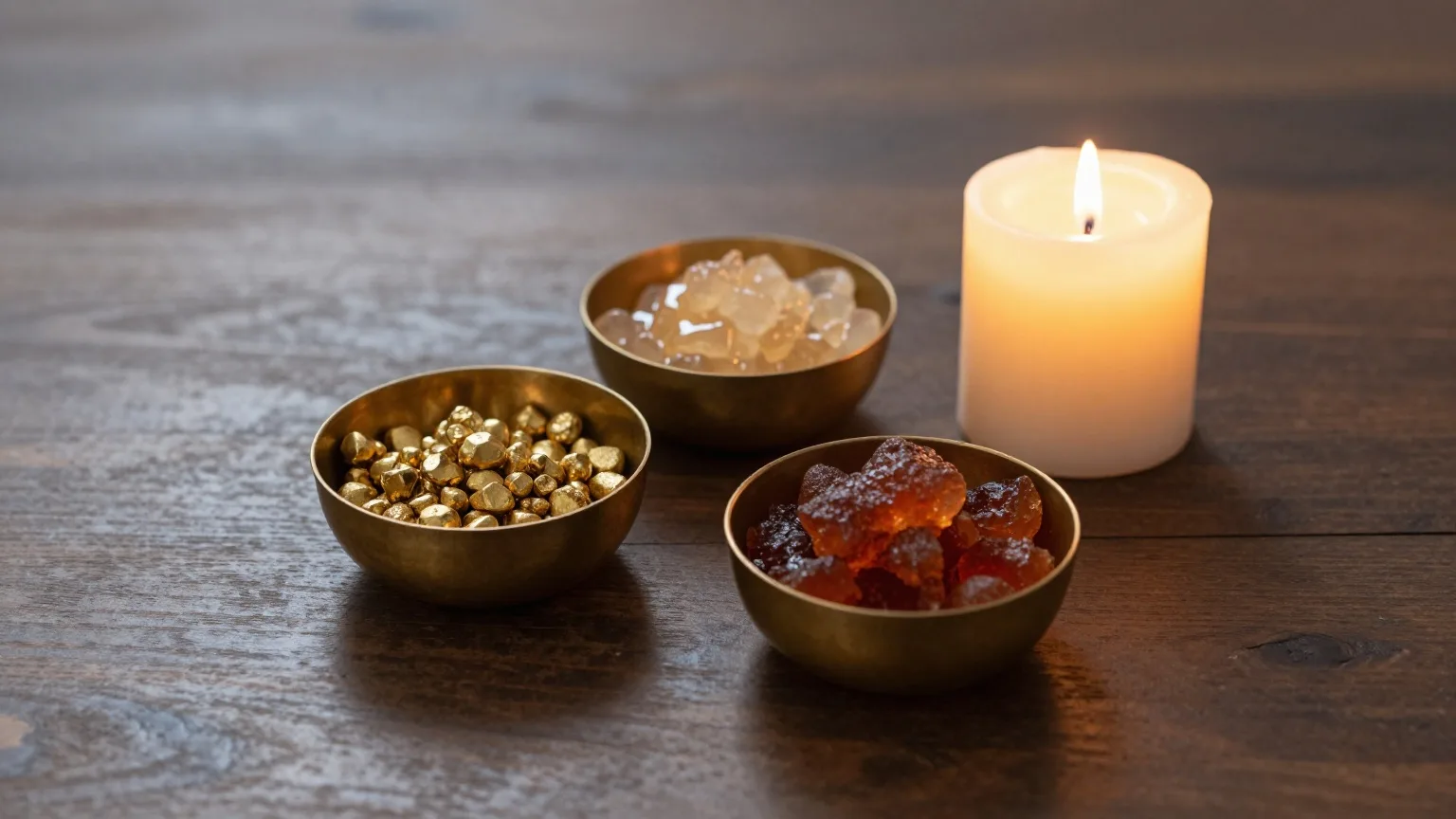 Gold, Weihrauchkörner und Myrrhe in drei kleinen Schalen auf dunklem Holz