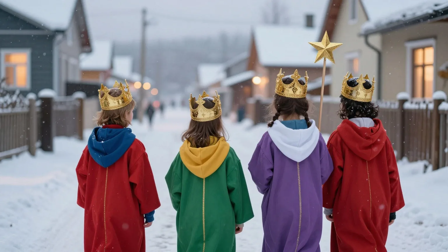 Drei Sternsinger in bunten Gewändern mit Stern von hinten auf einer verschneiten Dorfstraße