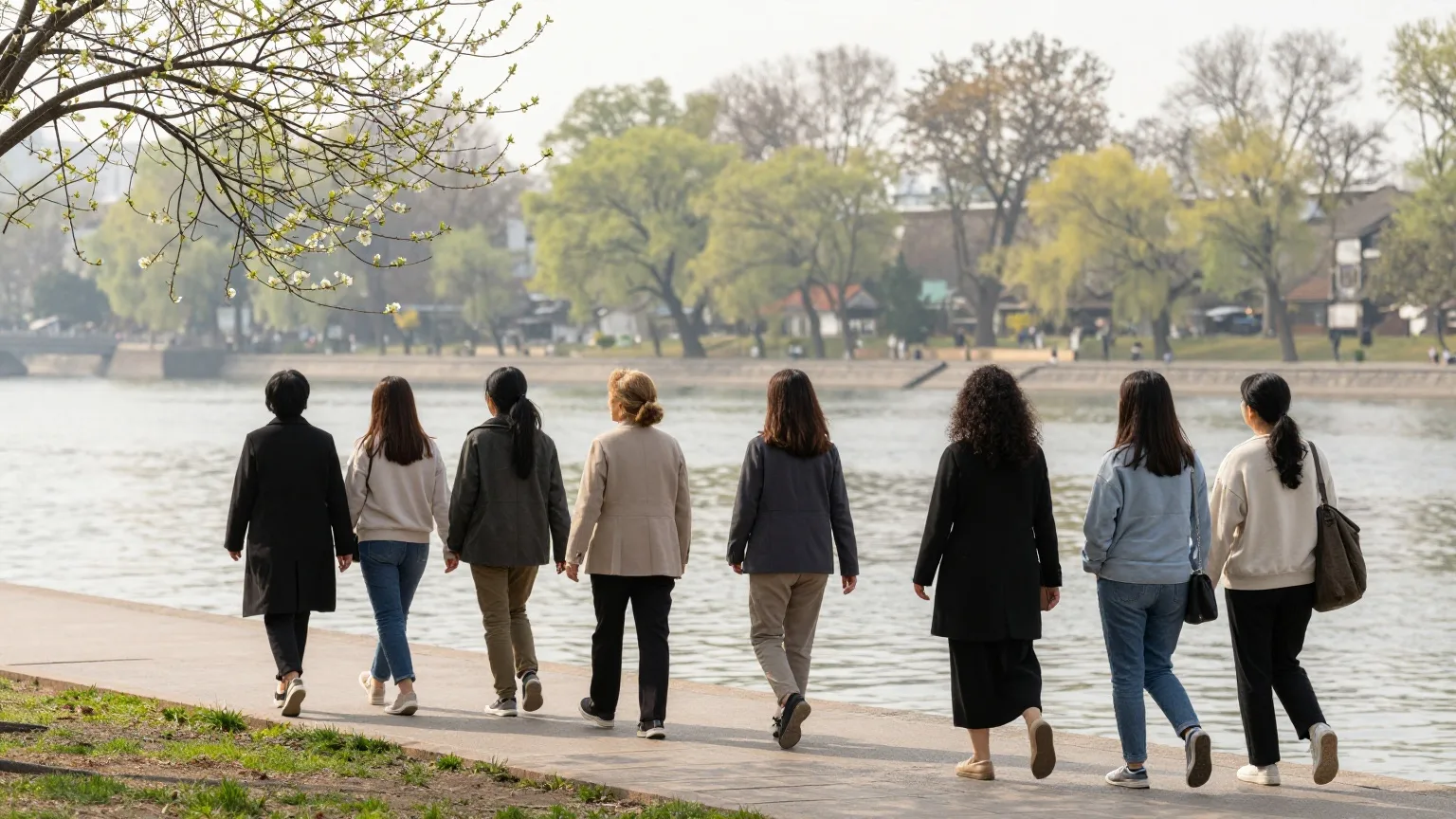 Frauen verschiedenen Alters gehen von hinten gesehen eine Uferpromenade entlang