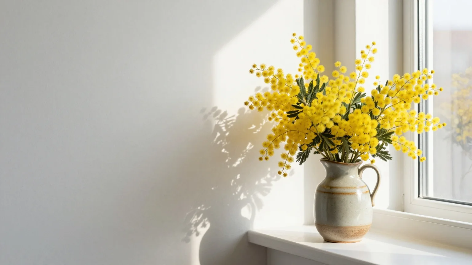 Strauß gelber Mimosenblüten in einem Keramikkrug auf einem sonnigen Fensterbrett
