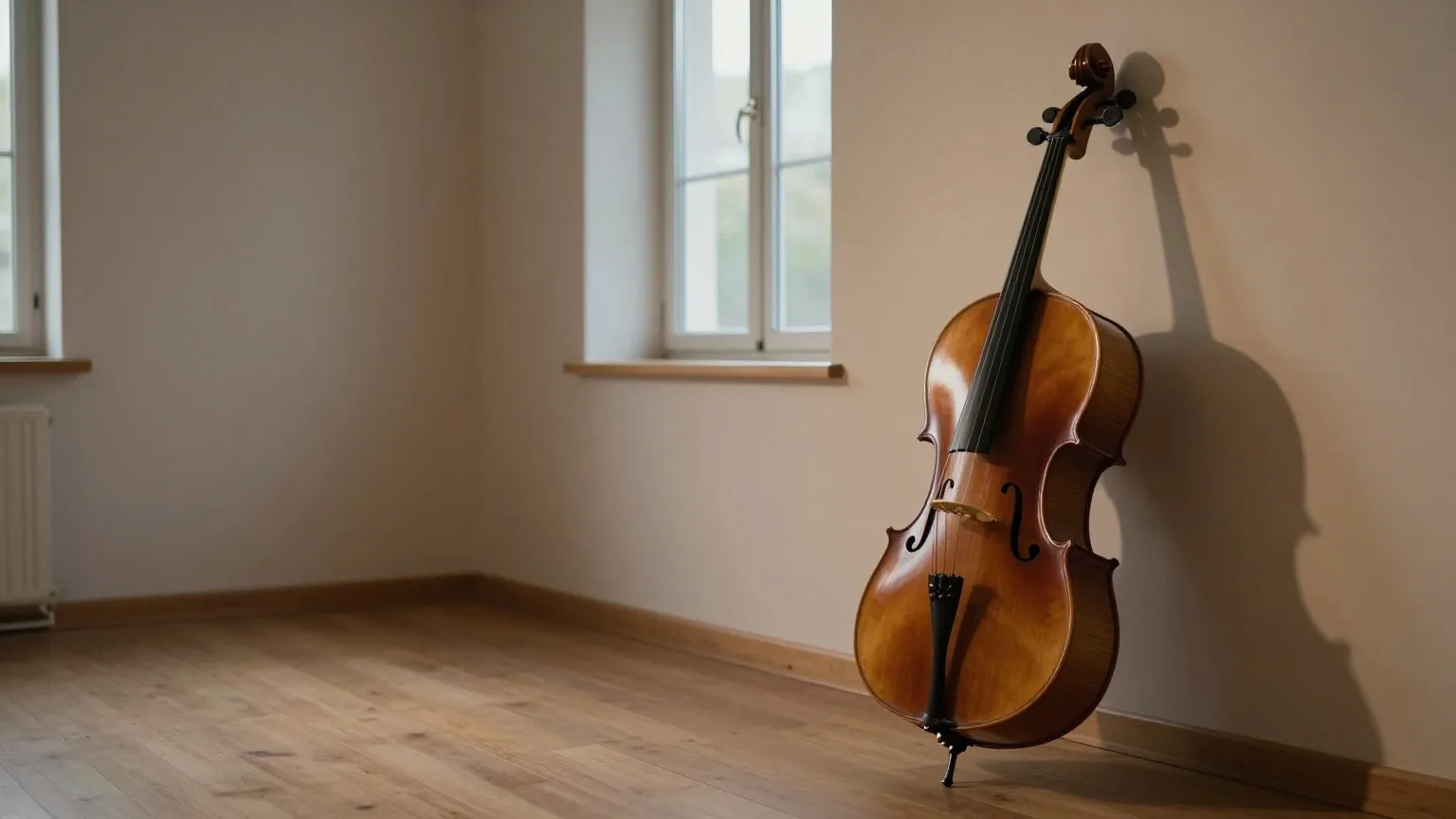 Violoncello lehnt an einer hellen Wand neben einem hohen Fenster im Abendlicht
