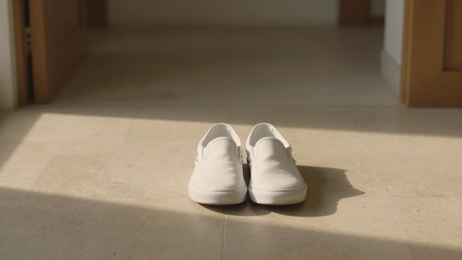 Ein Paar schlichte weiße Stoffschuhe auf einem hellen Steinboden im Abendlicht