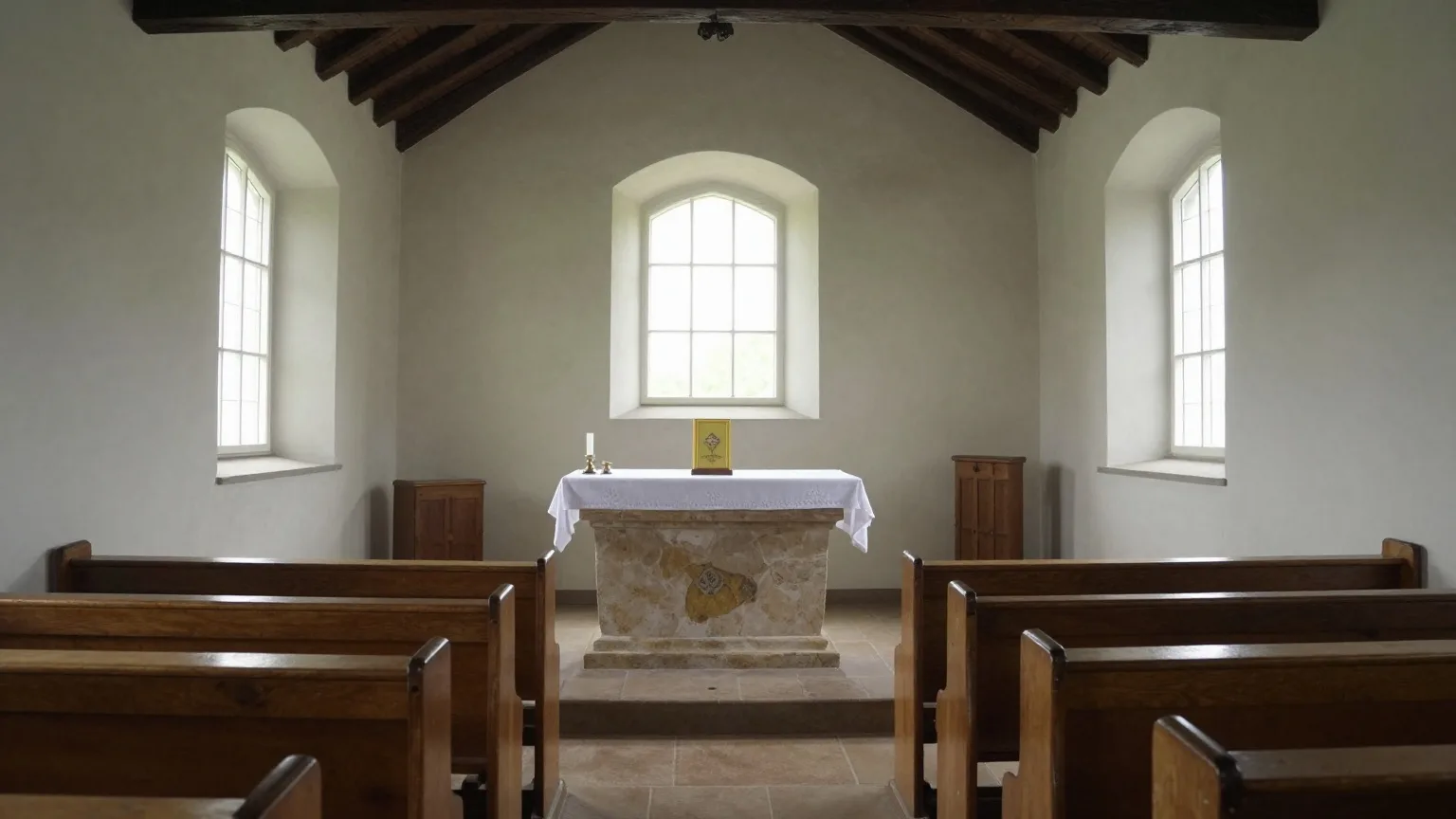 Leerer Altarraum einer Dorfkirche ohne Kerzen und Schmuck im Nachmittagslicht