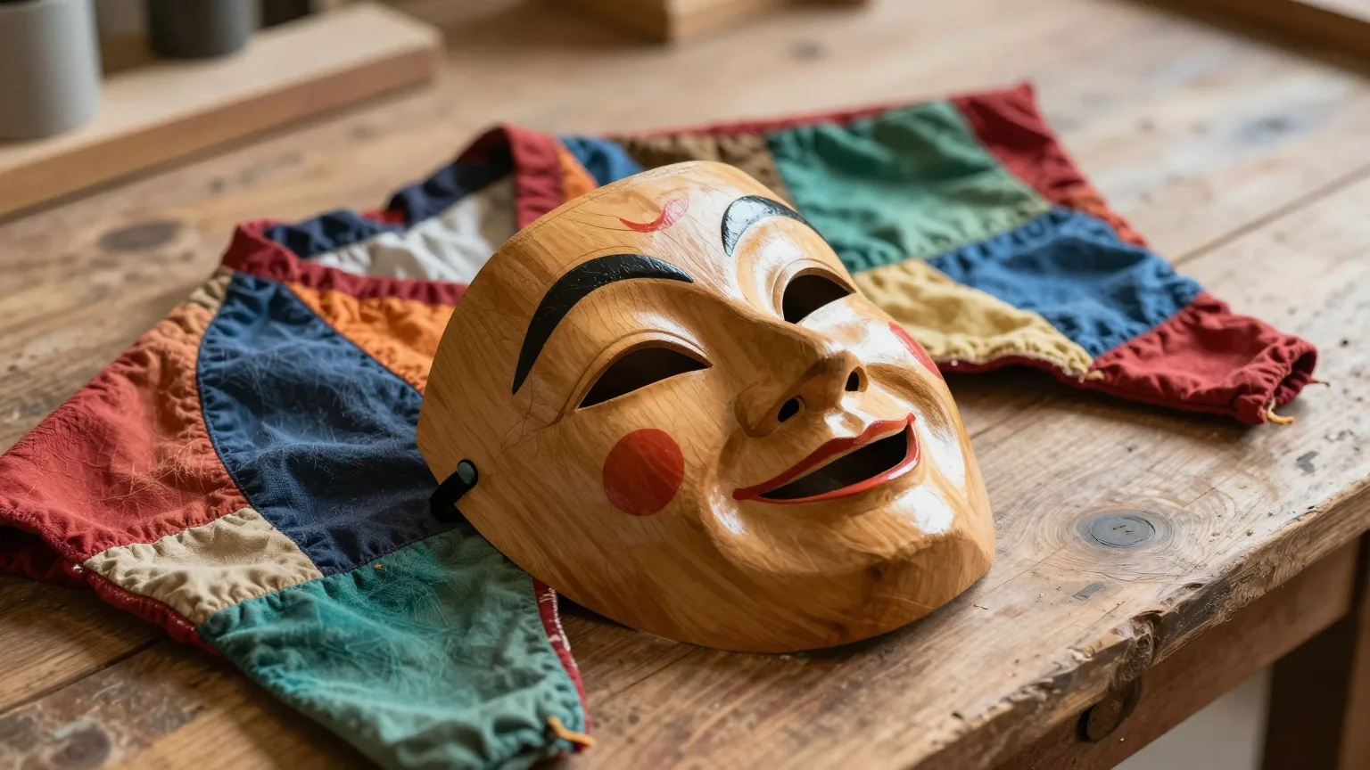 Geschnitzte Holzmaske der schwäbisch-alemannischen Fasnet auf buntem Narrenkleid