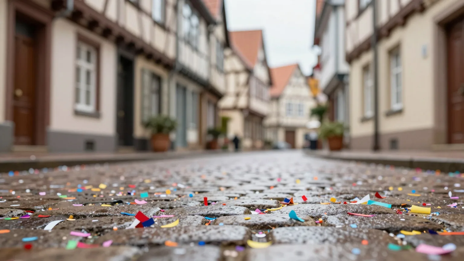 Bunte Konfetti und Luftschlangen auf dem Kopfsteinpflaster einer Altstadtgasse