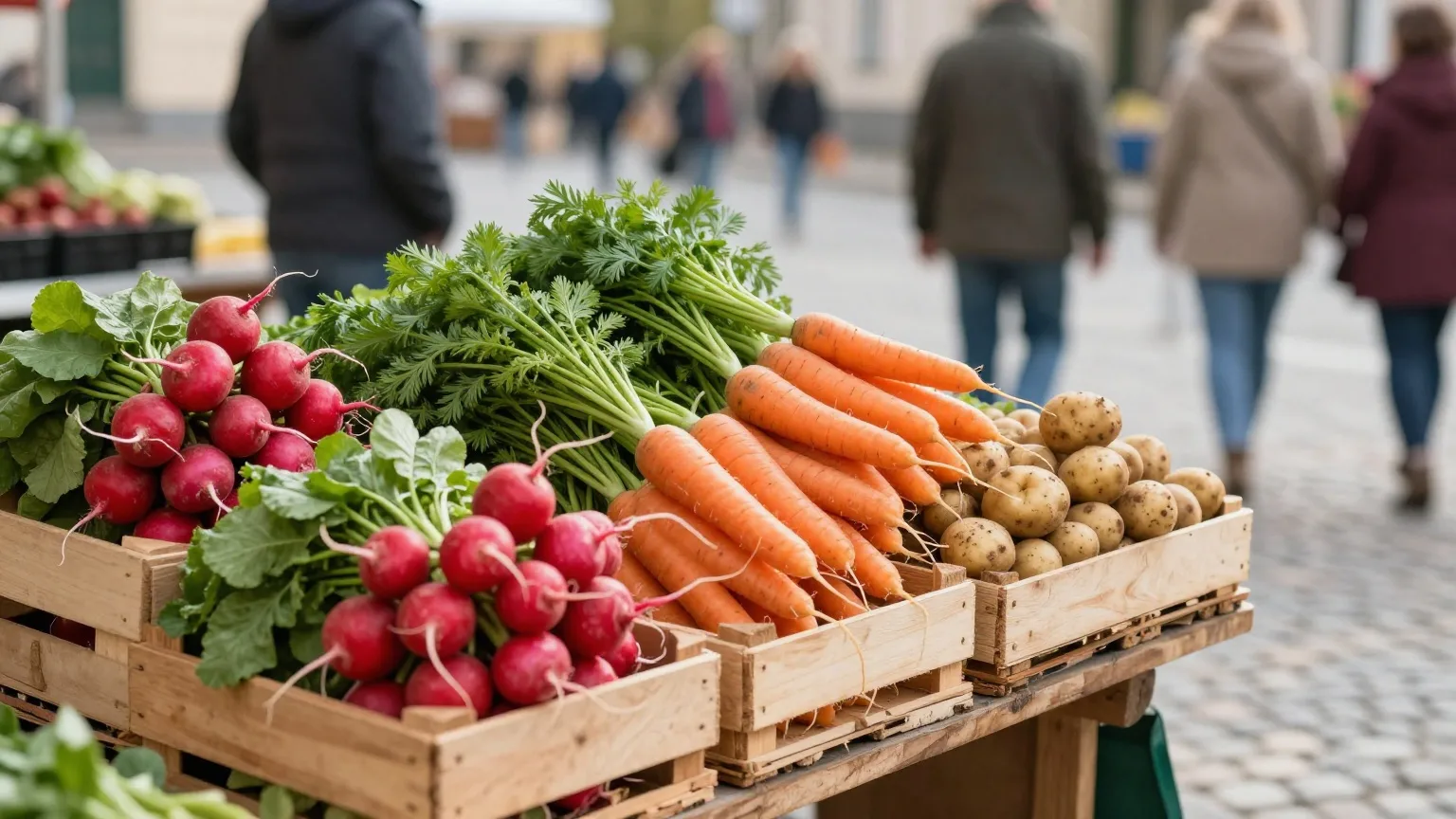 Marktstand mit Radieschen, jungen Möhren und Frühkartoffeln an einem Samstagmorgen im Frühling