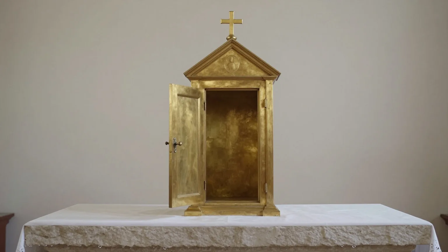 Kleiner vergoldeter Tabernakel mit offen stehender, leerer Tür auf einem schlichten Steinaltar ohne Altartuch