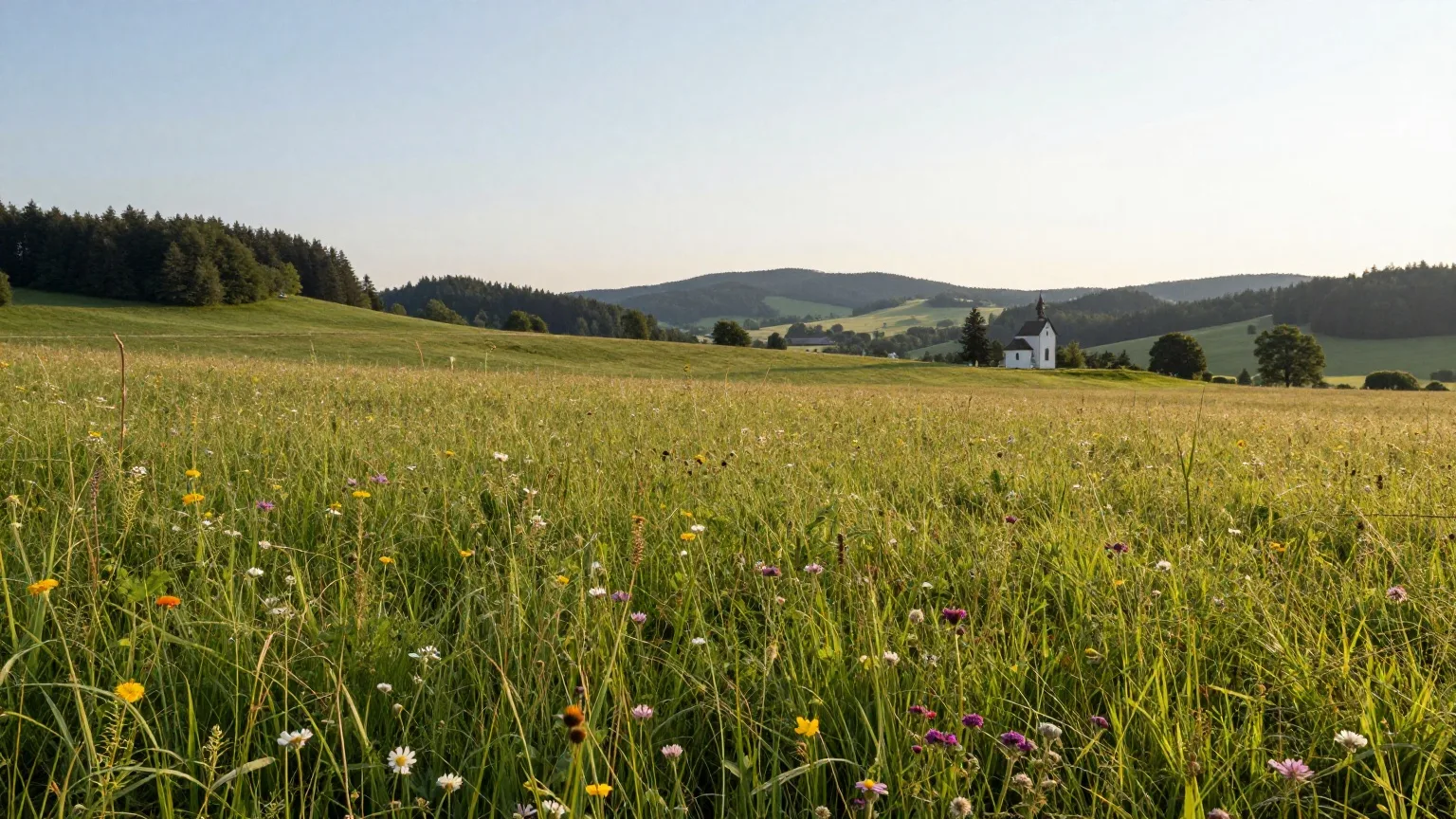 Spätsommerliche Wiese im Alpenvorland mit einer kleinen weißen Kapelle in der Ferne