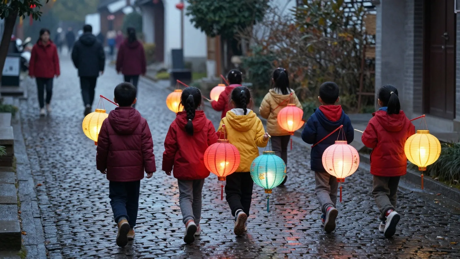 Kinder von hinten mit leuchtenden Papierlaternen auf einer dunklen Dorfstraße