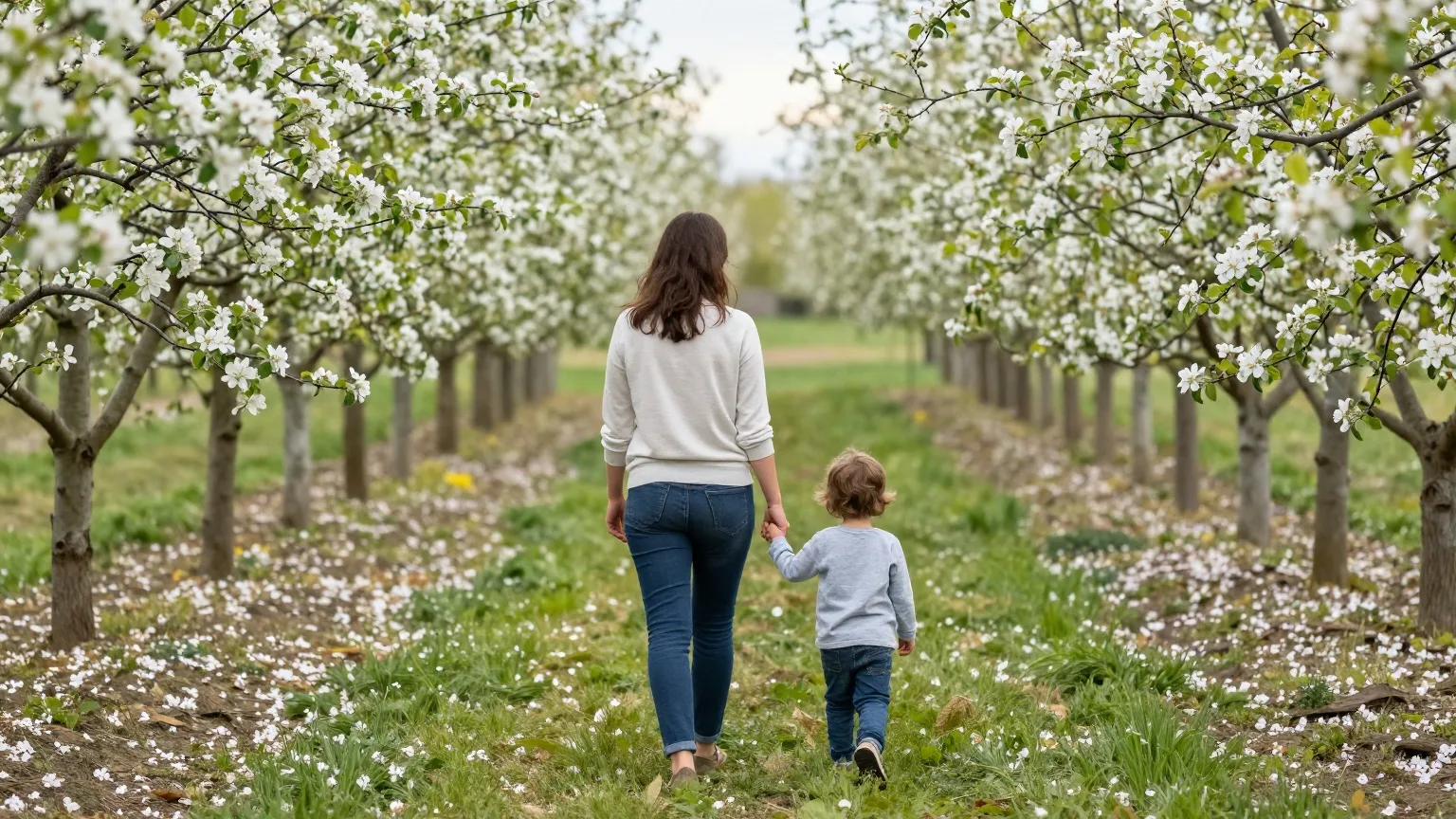 Mutter und Kind von hinten auf einem Weg durch einen blühenden Obstgarten