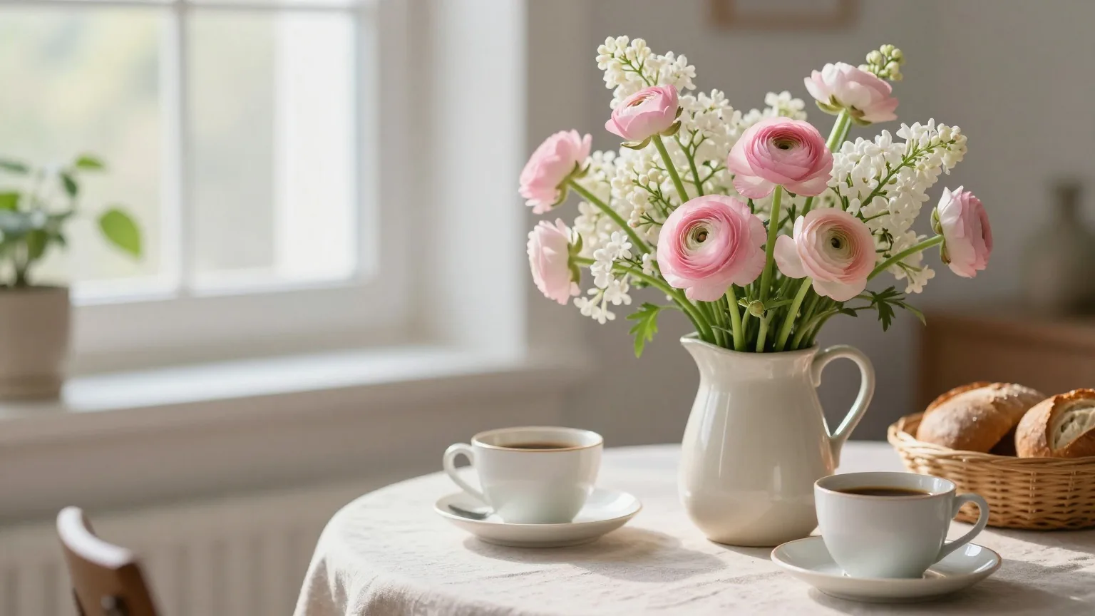 Strauß aus rosa Ranunkeln und weißem Flieder in einem Keramikkrug auf einem Frühstückstisch