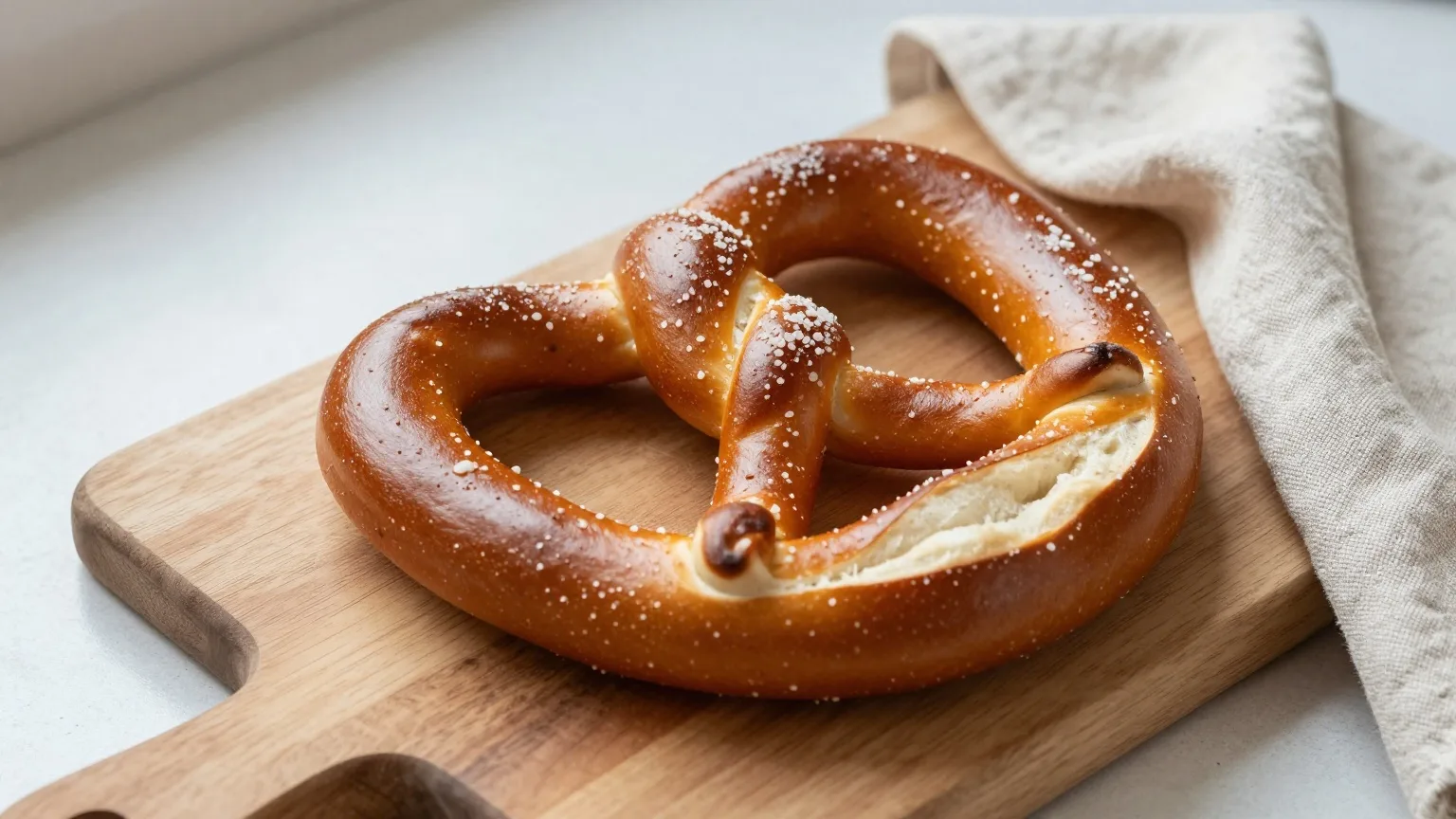 Große glasierte Neujahrsbrezel aus Hefeteig mit Hagelzucker auf einem Holzbrett im Morgenlicht