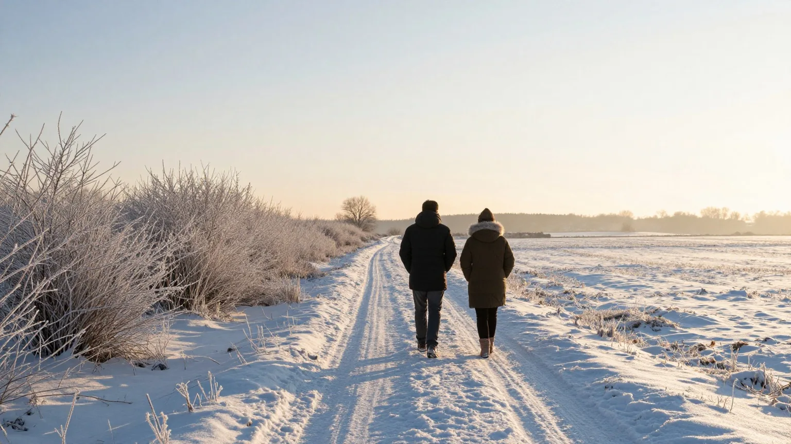 Zwei Spaziergänger von hinten auf einem verschneiten Feldweg in der Morgensonne