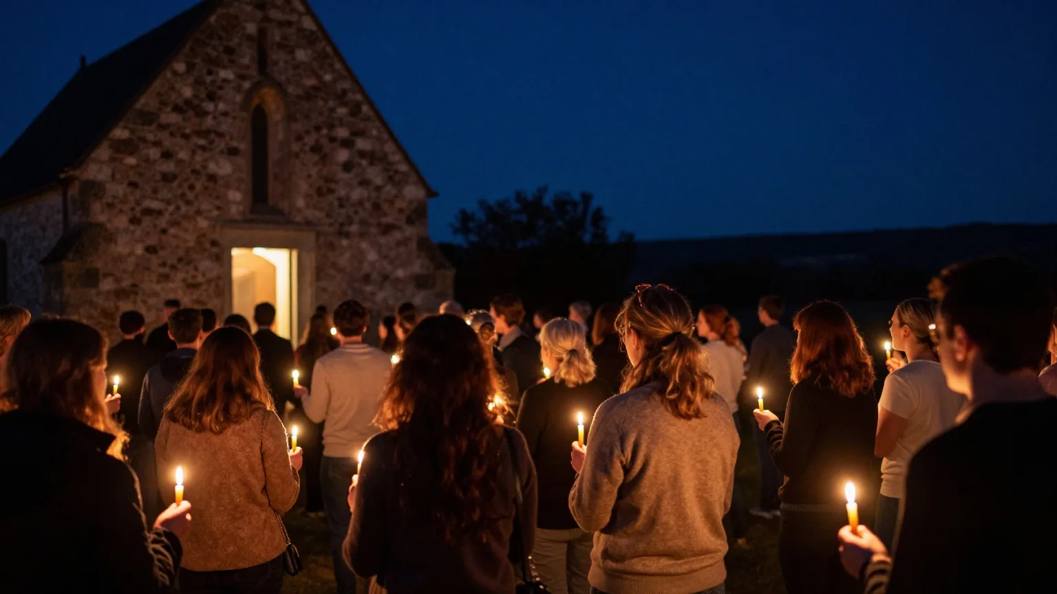 Gläubige stehen von hinten gesehen mit brennenden Kerzen vor einer Kirche in der Osternacht