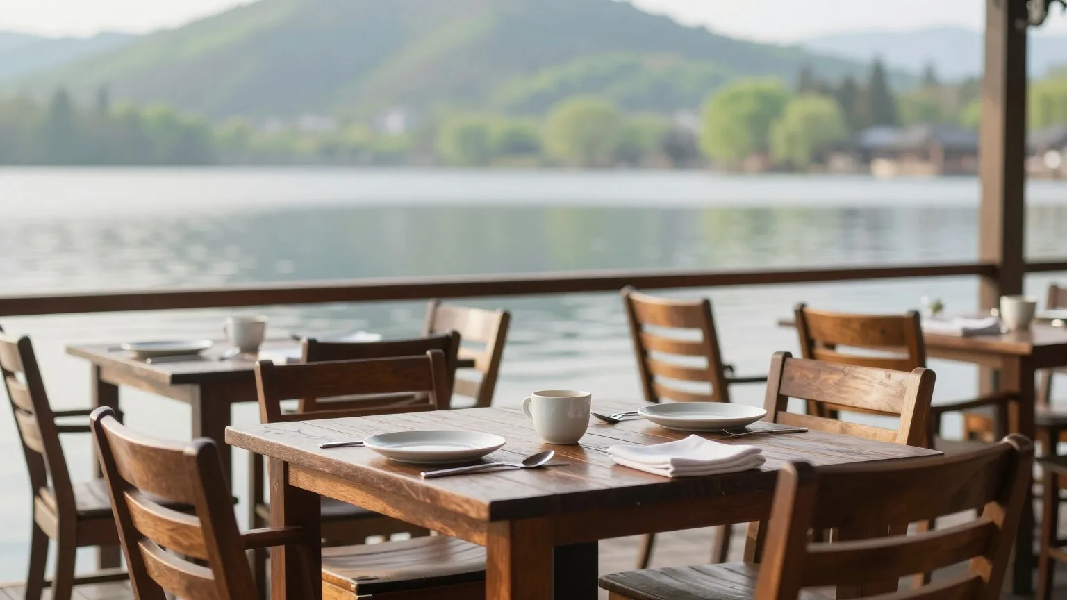 Gedeckte Tische auf der Terrasse eines Ausflugslokals am Seeufer an einem Frühlingsmorgen, noch ohne Gäste