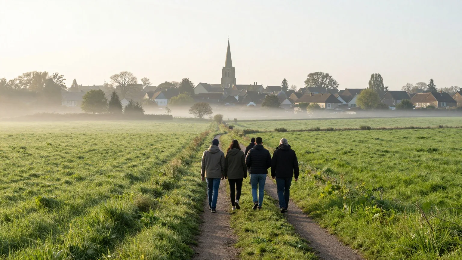 Kleine Gruppe von Spaziergängern von hinten auf einem Wiesenpfad am frühen Morgen, in der Ferne ein Dorf mit Kirchturm