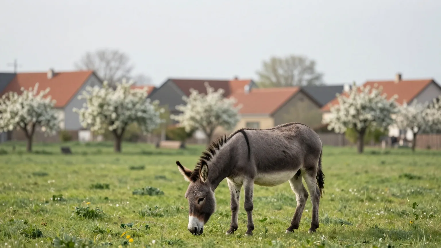 Grauer Esel auf einer Frühlingsweide am Rand eines Dorfes im Morgenlicht