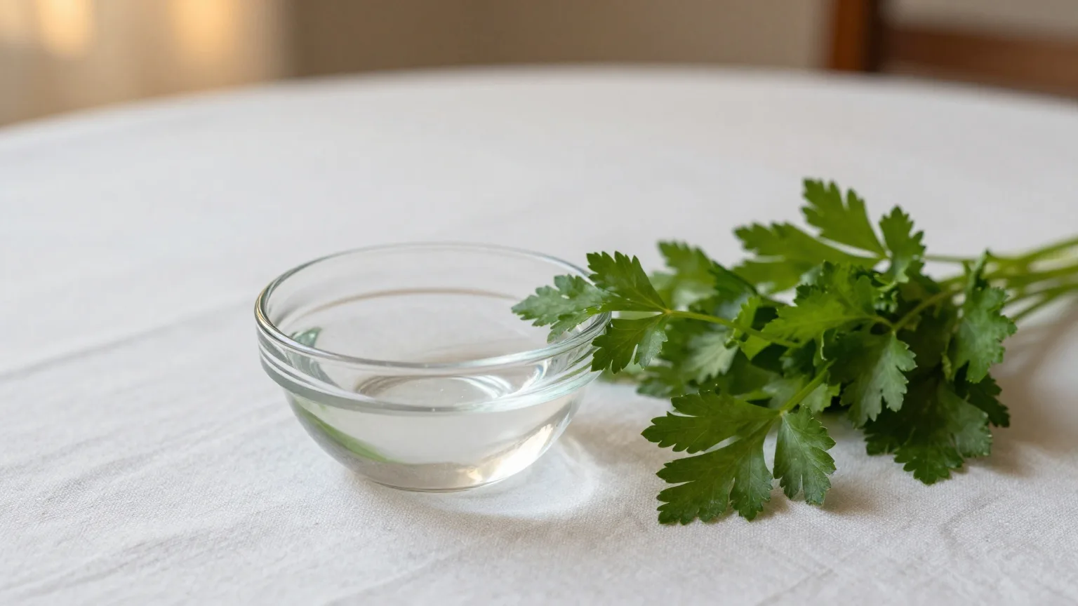Glasschale mit Salzwasser und ein Bund frischer Petersilie auf einem weißen Tischtuch