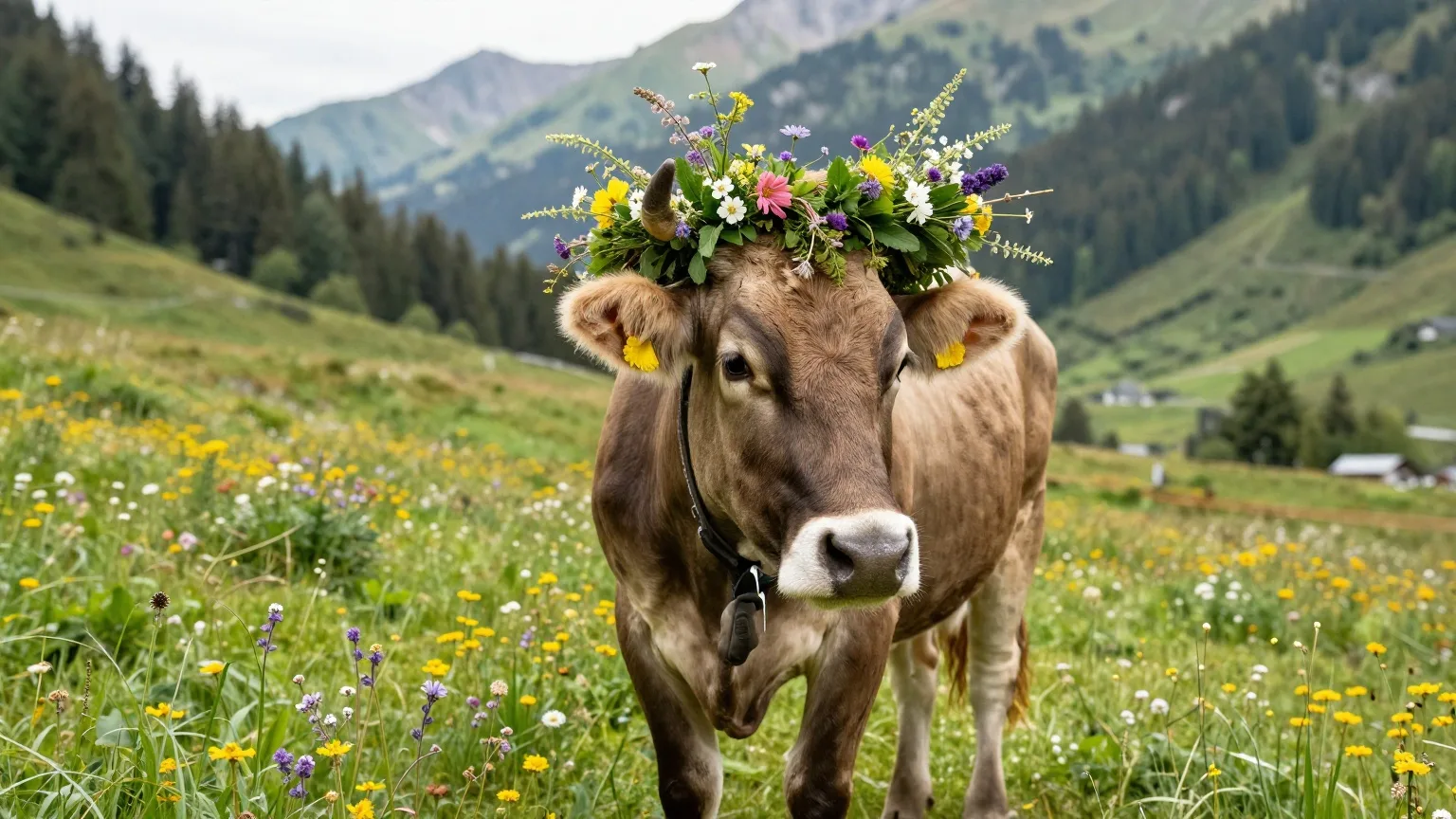Mit einem Blumenkranz geschmückte Kuh auf einer Almwiese im Frühsommer