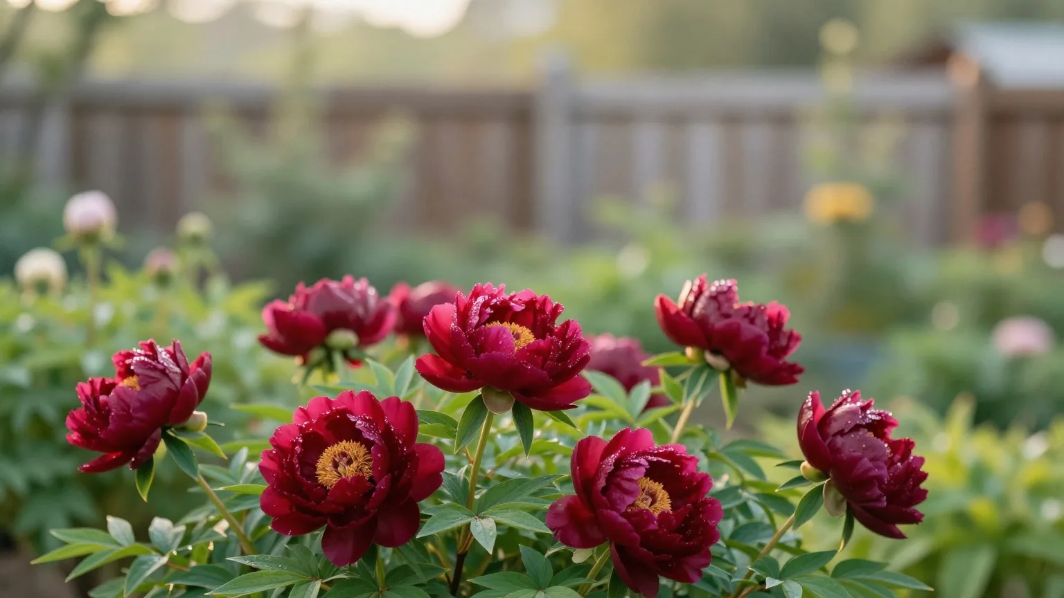 Rote Pfingstrosen in voller Blüte in einem Bauerngarten im Morgentau