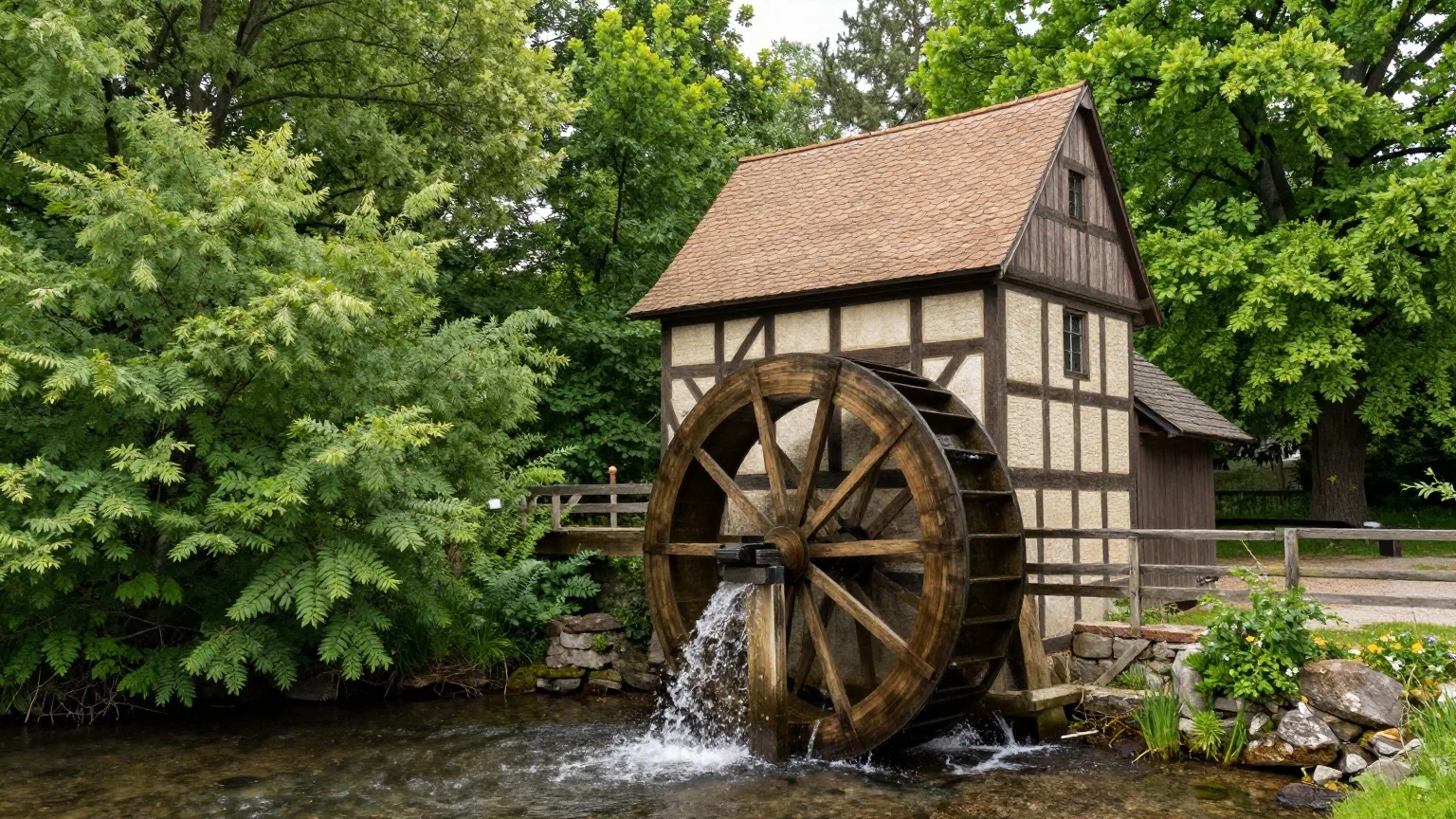Historische Wassermühle mit hölzernem Mühlrad an einem Bach im Frühsommer